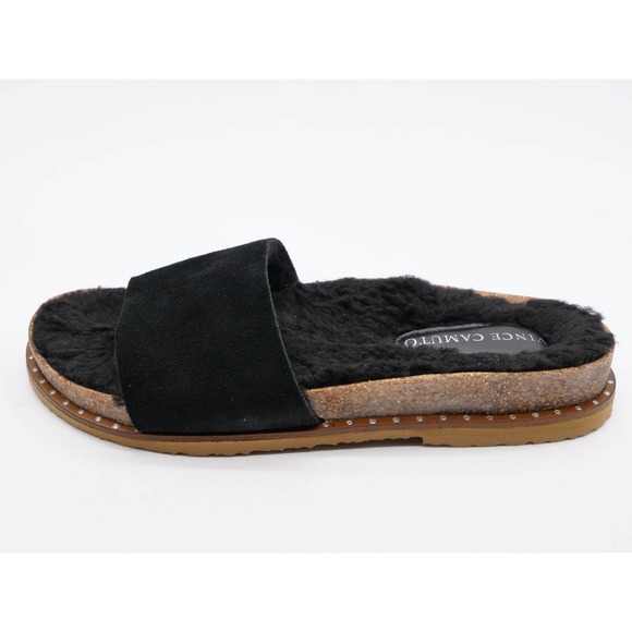 Vince Camuto Sandals Womens 6 Kanadial Black Suede Faux Fur Lined Slides Studded - Picture 2 of 11